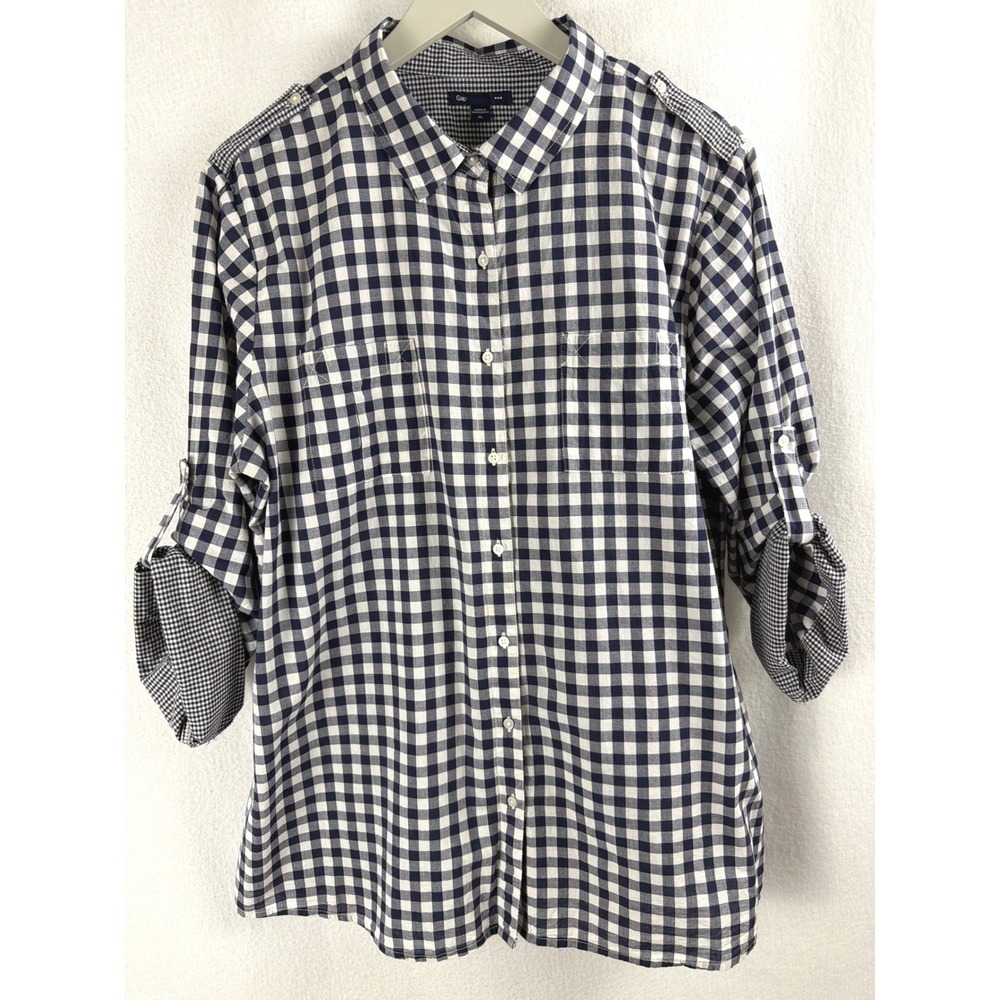 Gap Soho Gingham Navy White Check Roll Tab Button Down Shirt XL